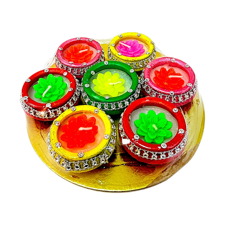 Lotus Flower Wax Clay Diyas with Rhinestone Trim, Set of 7 on Round Gold Tray – Assorted Colors