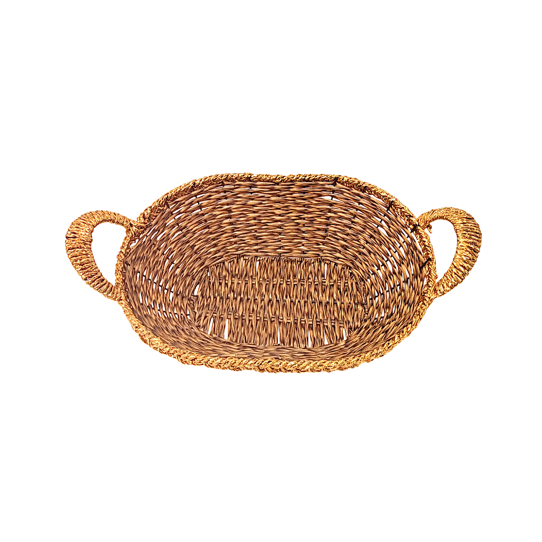Mkaurs Oval Woven Brown with Golden Rim Wicker Basket with Gold Handles