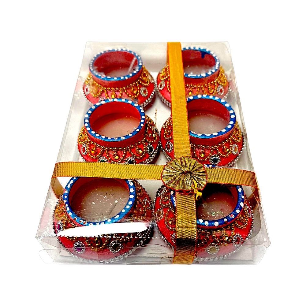 Kundan &amp; Bead Work Clay Matki Diyas with Glitter Wax, Set of 6 – Pink with Blue Rim, Gift Boxed