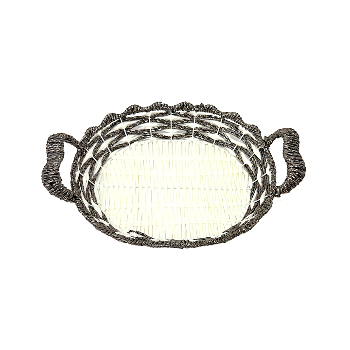 Mkaurs Oval Woven White and Metallic Bronze Wicker Basket with Handles