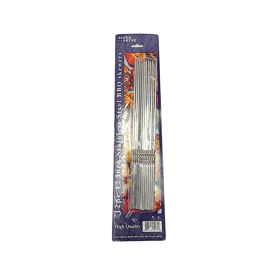 12 pc Stainless Steel BBQ Skewers, 12 Inch