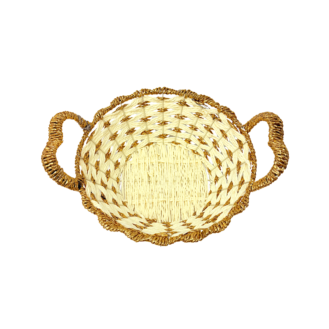 Mkaurs Round Woven Offwhite and Gold Wicker Basket with Handles