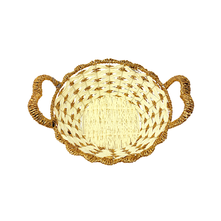 Mkaurs Round Woven Offwhite and Gold Wicker Basket with Handles