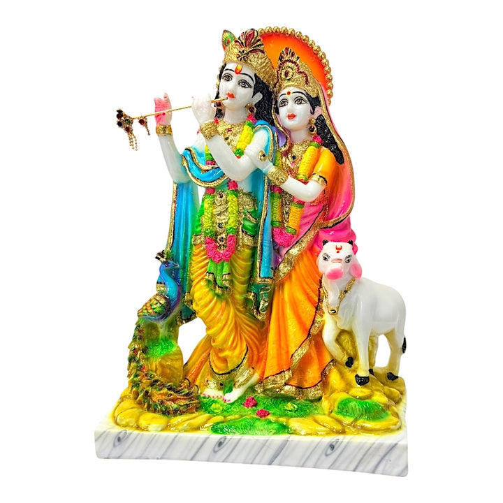 Radha Krishna Marble Dust Murti 12" — Handcrafted Idol with Peacock, Cow &amp; Gold Detailing