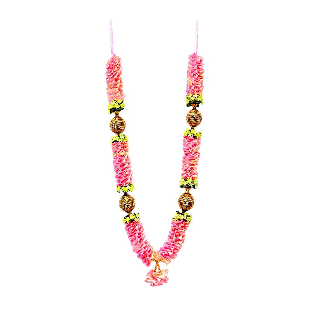 Artificial Floral Garland with Gold Beads, 24 Inch Indian Puja Mandir Garland, Festival Wedding Decor