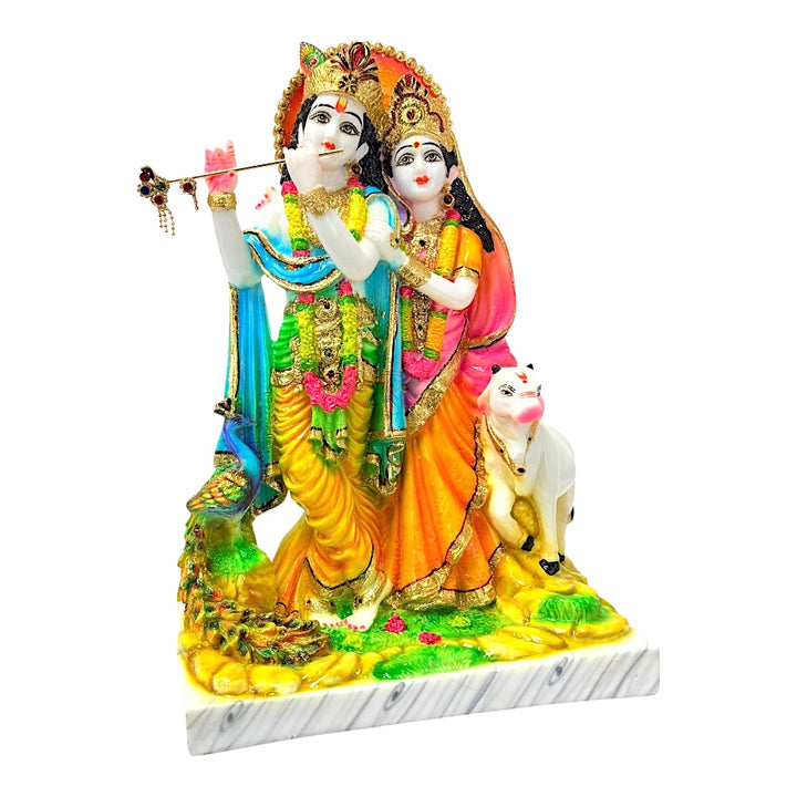 Radha Krishna Marble Dust Murti 12" — Handcrafted Idol with Peacock, Cow &amp; Gold Detailing