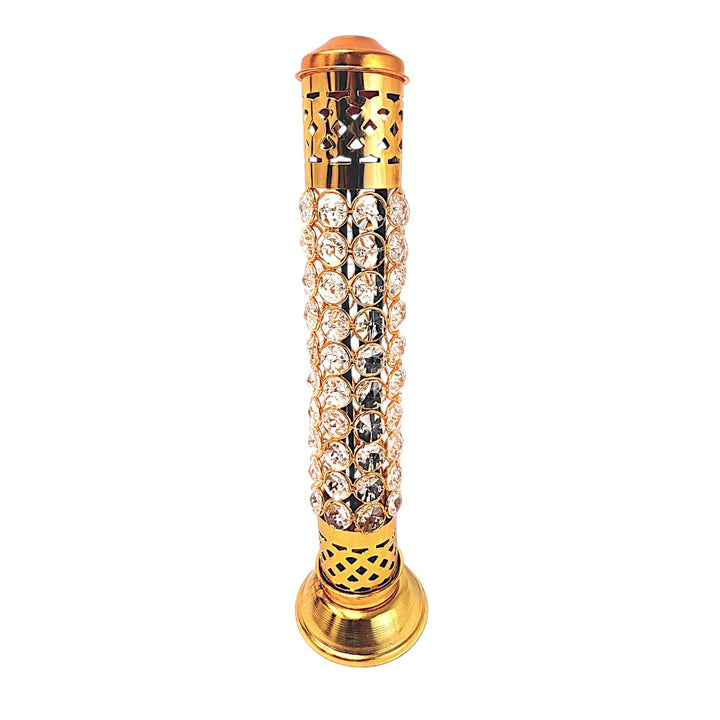 Crystal Tower Incense Holder — 13" Gold Agarbatti Stand with Built-In Ash Catcher