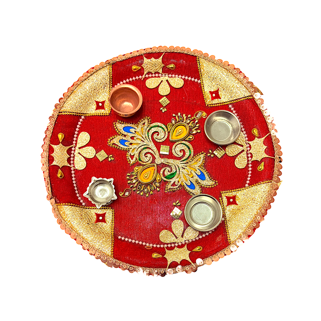 Puja Thali (tray) with Diya Copper Lota and 2 Diyas 12.5 Inch Assorted Designs - view 2