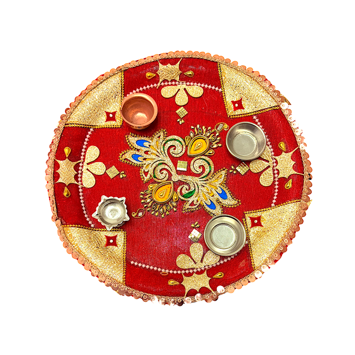 Puja Thali (tray) with Diya Copper Lota and 2 Diyas 12.5 Inch Assorted Designs - view 2
