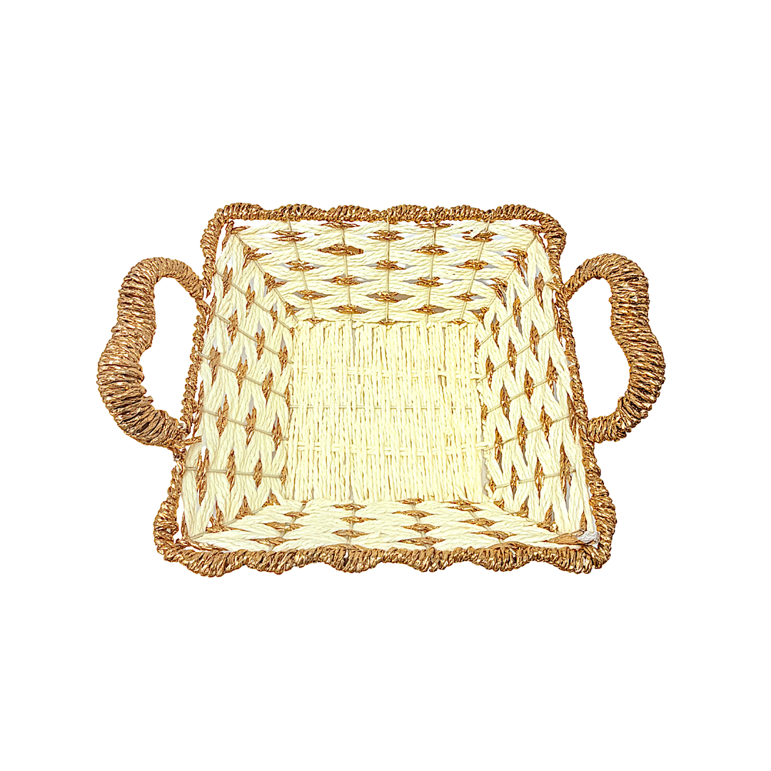 Mkaurs Square Woven Offwhite and Gold Wicker Basket with Handles