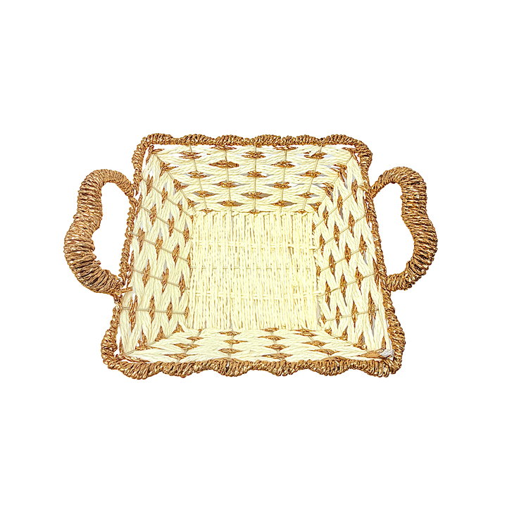 Mkaurs Square Woven Offwhite and Gold Wicker Basket with Handles