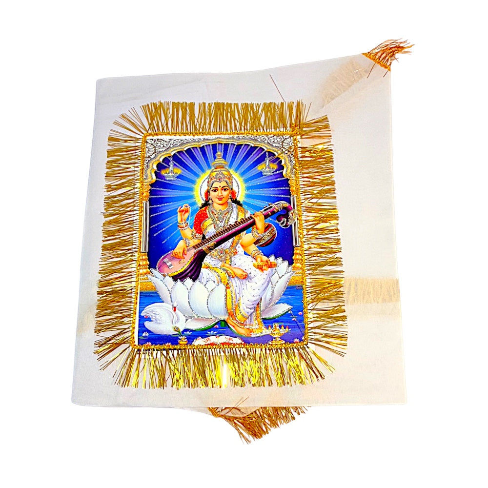 White Jhandi Flag with Saraswati — Devotional Prayer Flag with Gold Fringe | Saraswati Jhandi for Mandir &amp; Outdoor Pole