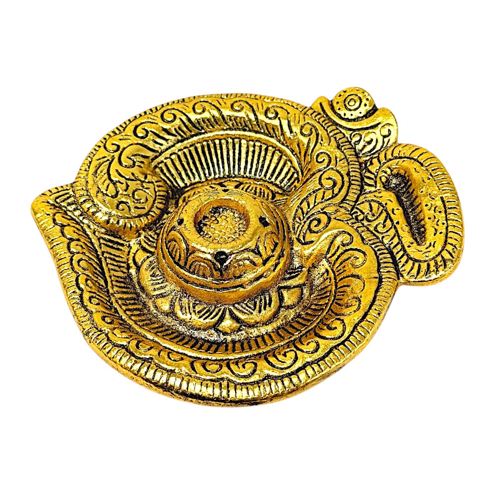 Om Plate Incense Burner – Antique Gold Metal Agarbatti &amp; Dhoop Holder with Ash Catcher