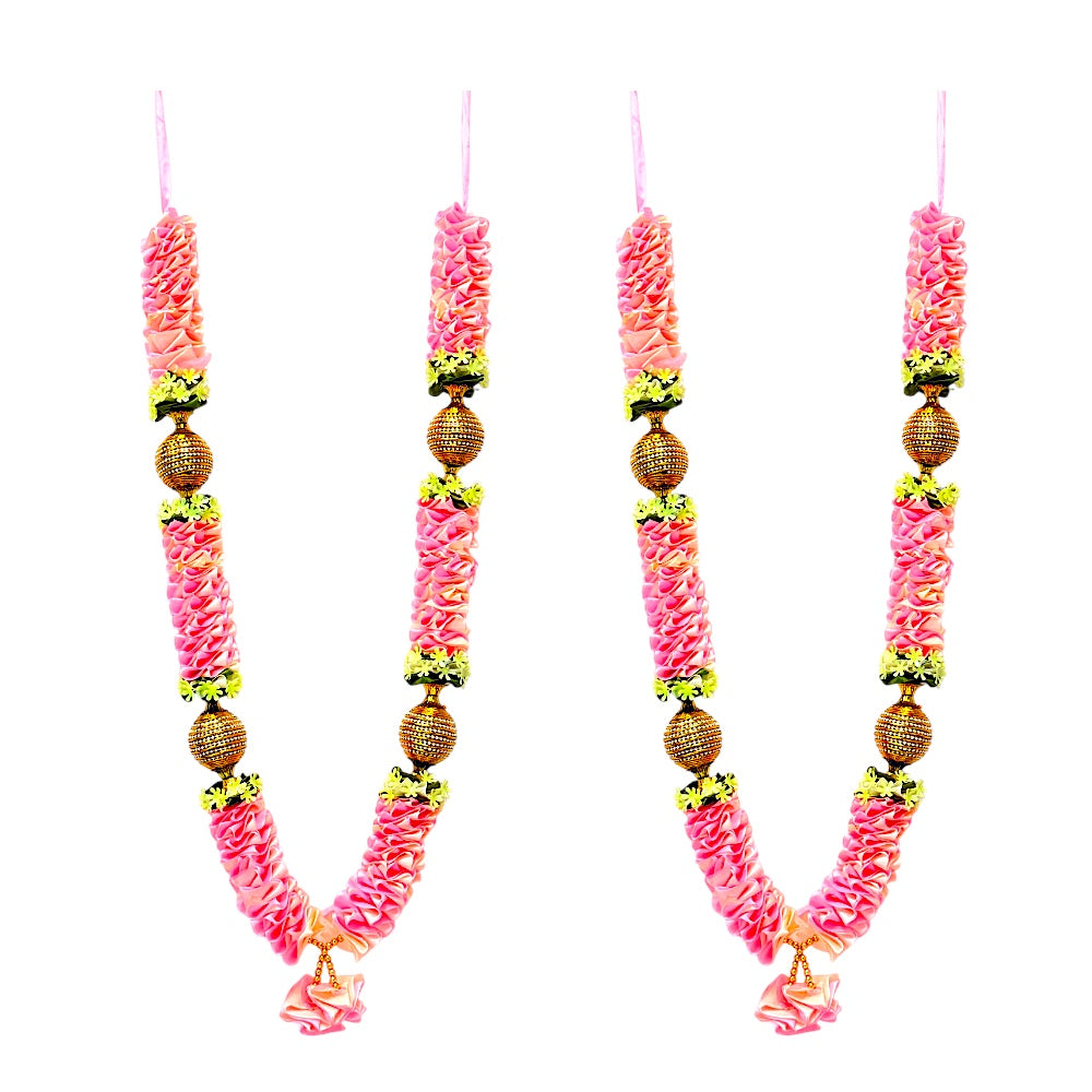 Artificial Floral Garland with Gold Beads, 24 Inch Indian Puja Mandir Garland, Festival Wedding Decor