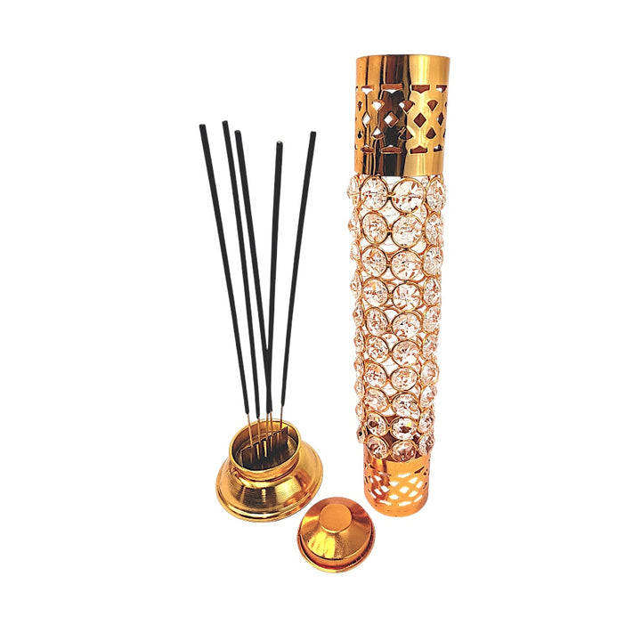 Crystal Tower Incense Holder — 13" Gold Agarbatti Stand with Built-In Ash Catcher