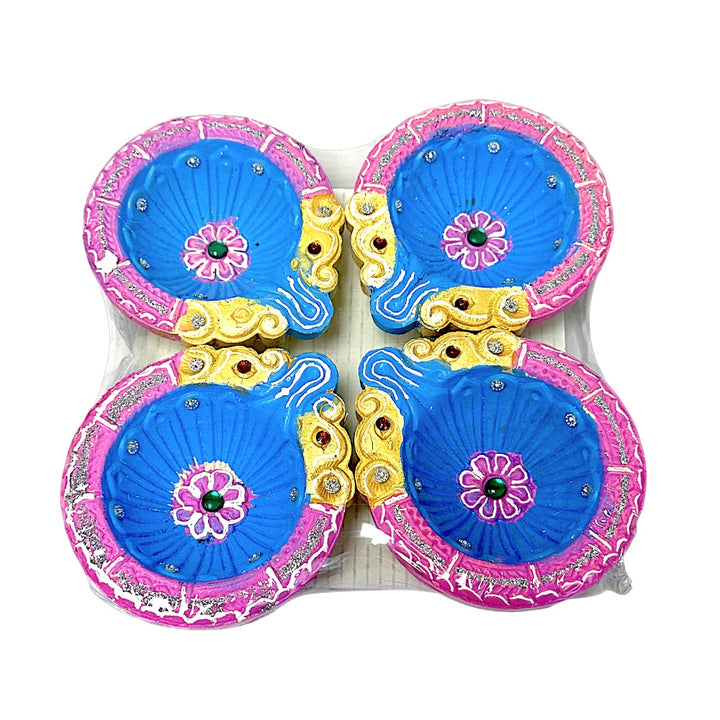 Colorful set of 4 Diyas, double Haathi