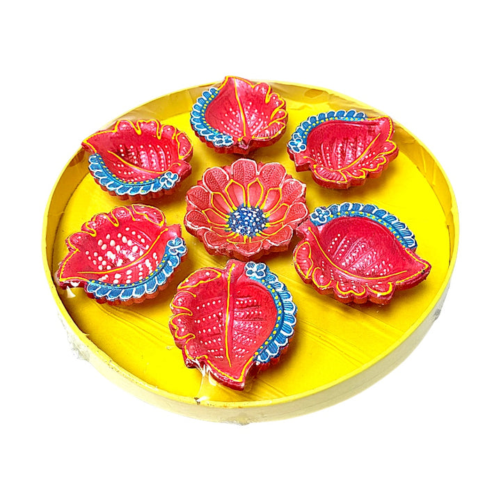 Set of 7 colored clay diyas, on round tray, colors and design may vary