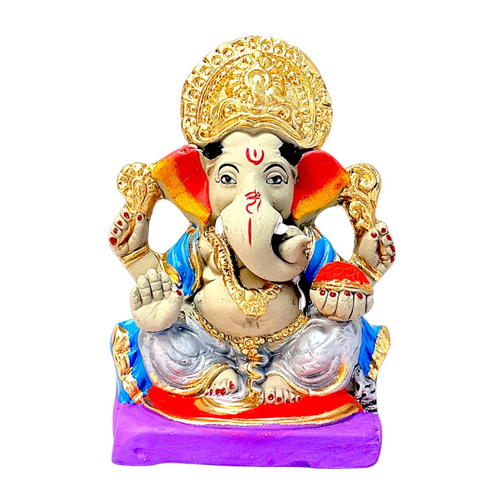 Eco-Friendly Clay Ganesha, clay, color and gold 6" (color combination may vary)