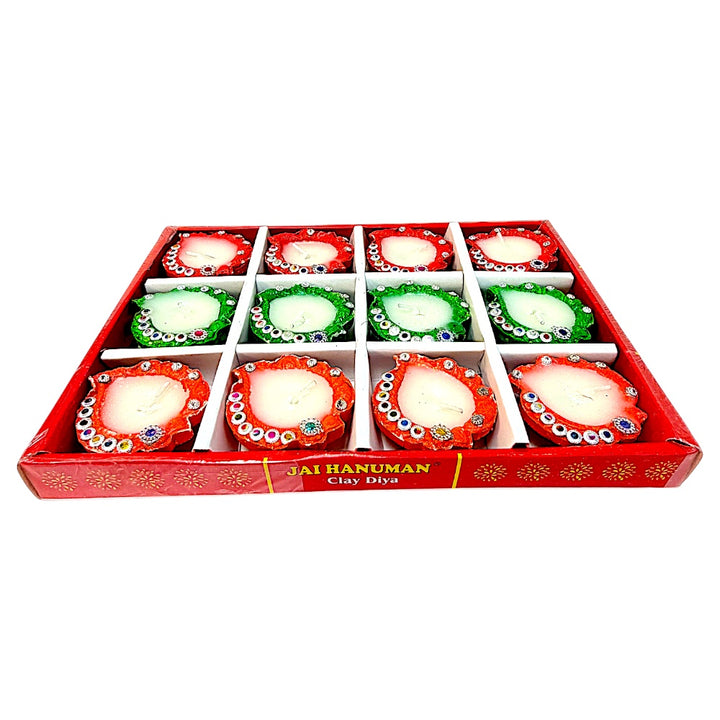 Hand-Painted with Rhinestone Trim, Wax-Filled Clay Diyas, set of 12, Assorted colors