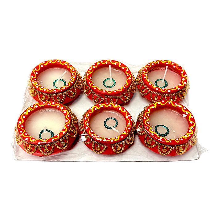 Clay diyas with wax - Set of 6, assorted colors