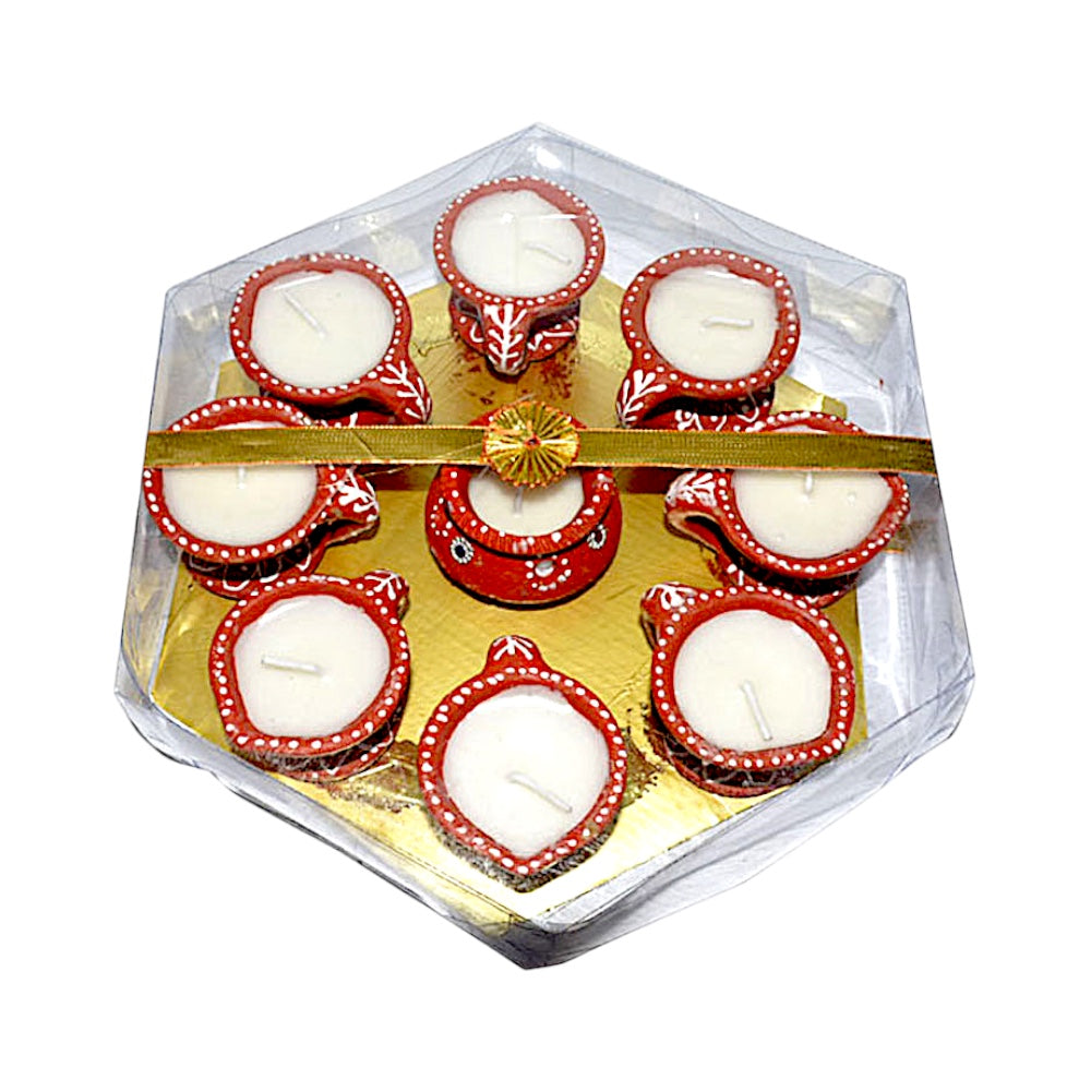 Hand-Painted Clay Diya Set with Center Matki, 9 Pieces on Hexagon Gold Tray – Wax Filled, Assorted Colors