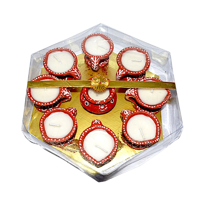 Hand-Painted Clay Diya Set with Center Matki, 9 Pieces on Hexagon Gold Tray – Wax Filled, Assorted Colors