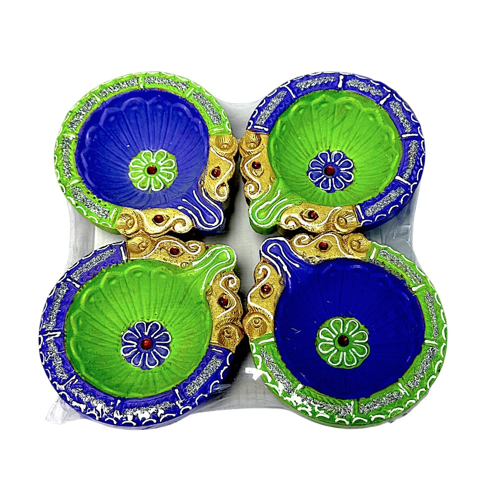 Colorful set of 4 Diyas, double Haathi