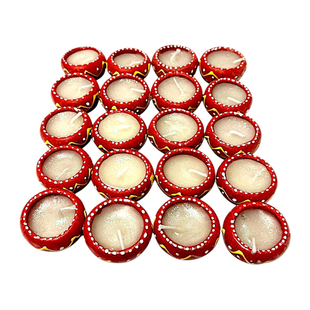 Hand-Painted Clay Diyas with Glitter Wax, Pack of 20 – Red with White Dots &amp; Yellow Zigzag