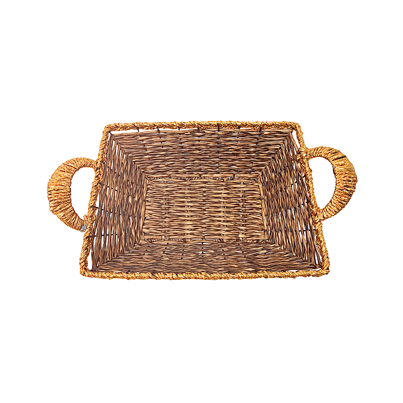 Mkaurs Rectangle Woven Brown with Golden Rim Wicker Basket with Gold Handles