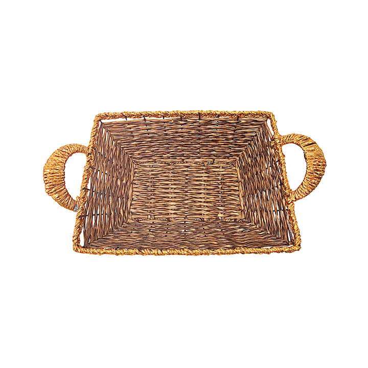 Mkaurs Rectangle Woven Brown with Golden Rim Wicker Basket with Gold Handles