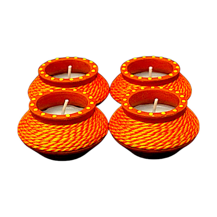 Thread-Wrapped Clay Matki Diyas with Wax, Set of 4 – Assorted Colors, Gift Boxed