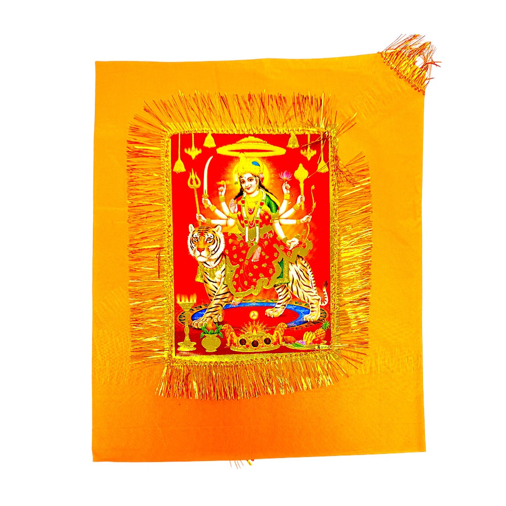 Yellow Jhandi Flag with Durga — Devotional Prayer Flag with Gold Fringe | Durga Maa Jhandi for Mandir &amp; Outdoor Pole