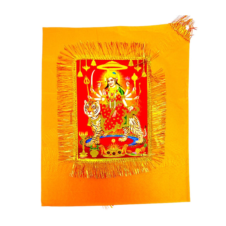 Yellow Jhandi Flag with Durga — Devotional Prayer Flag with Gold Fringe | Durga Maa Jhandi for Mandir &amp; Outdoor Pole