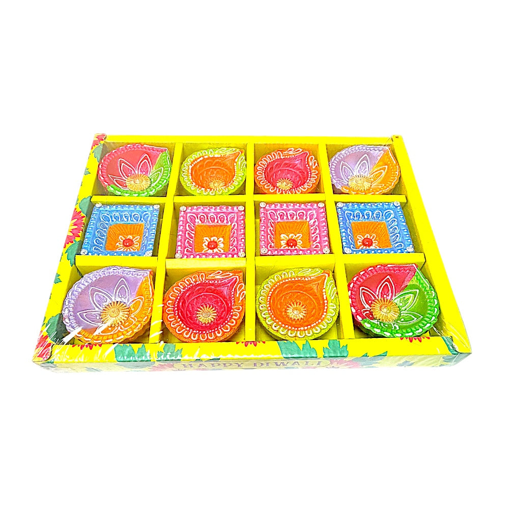 12 pc Deco Diya Box (Havan Kund+Star+Shree), colorful diyas