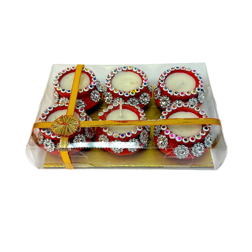 Wax-Filled Clay Matki Diyas, Set of 6 – Rhinestone Studded, Gift Boxed (Assorted Colors)