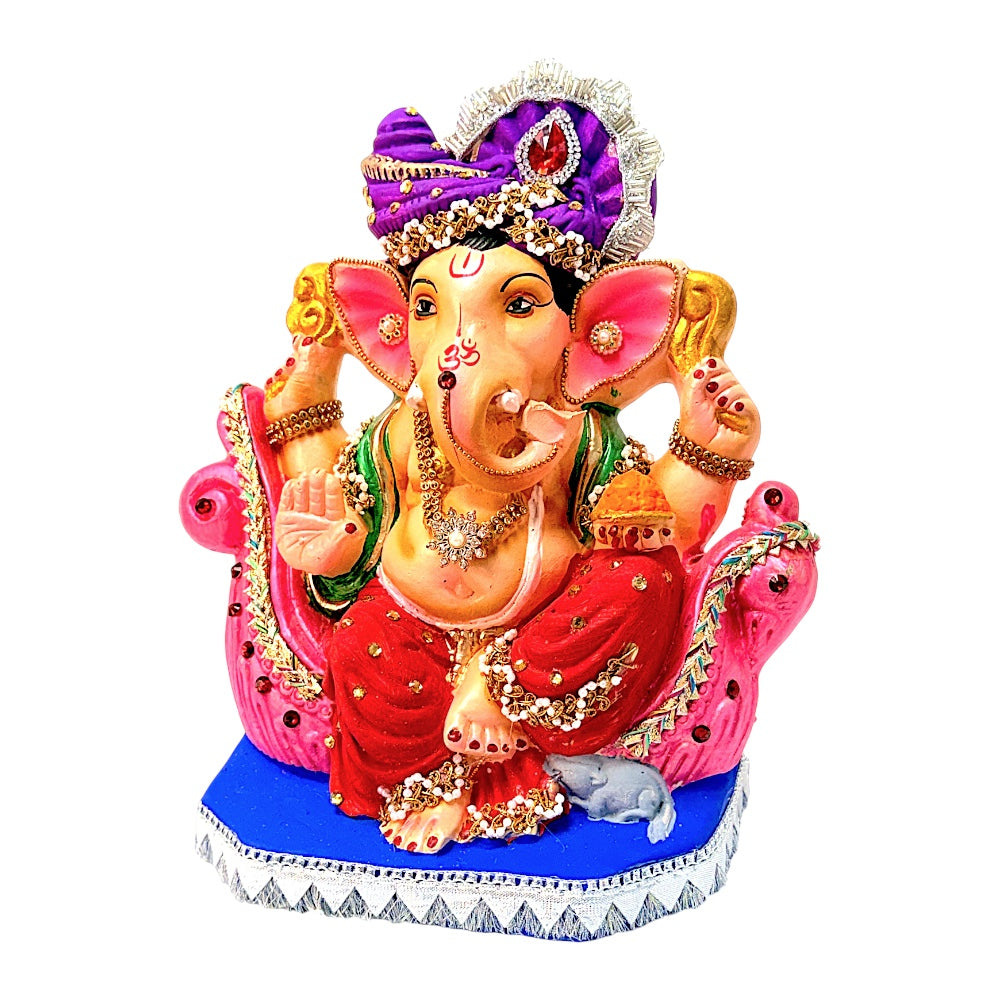 Eco-Friendly Clay Ganesha, color and gold with turban on throne 10"