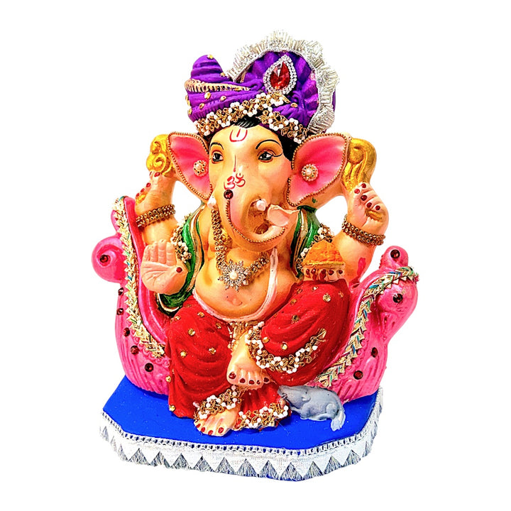 Eco-Friendly Clay Ganesha, color and gold with turban on throne 10"