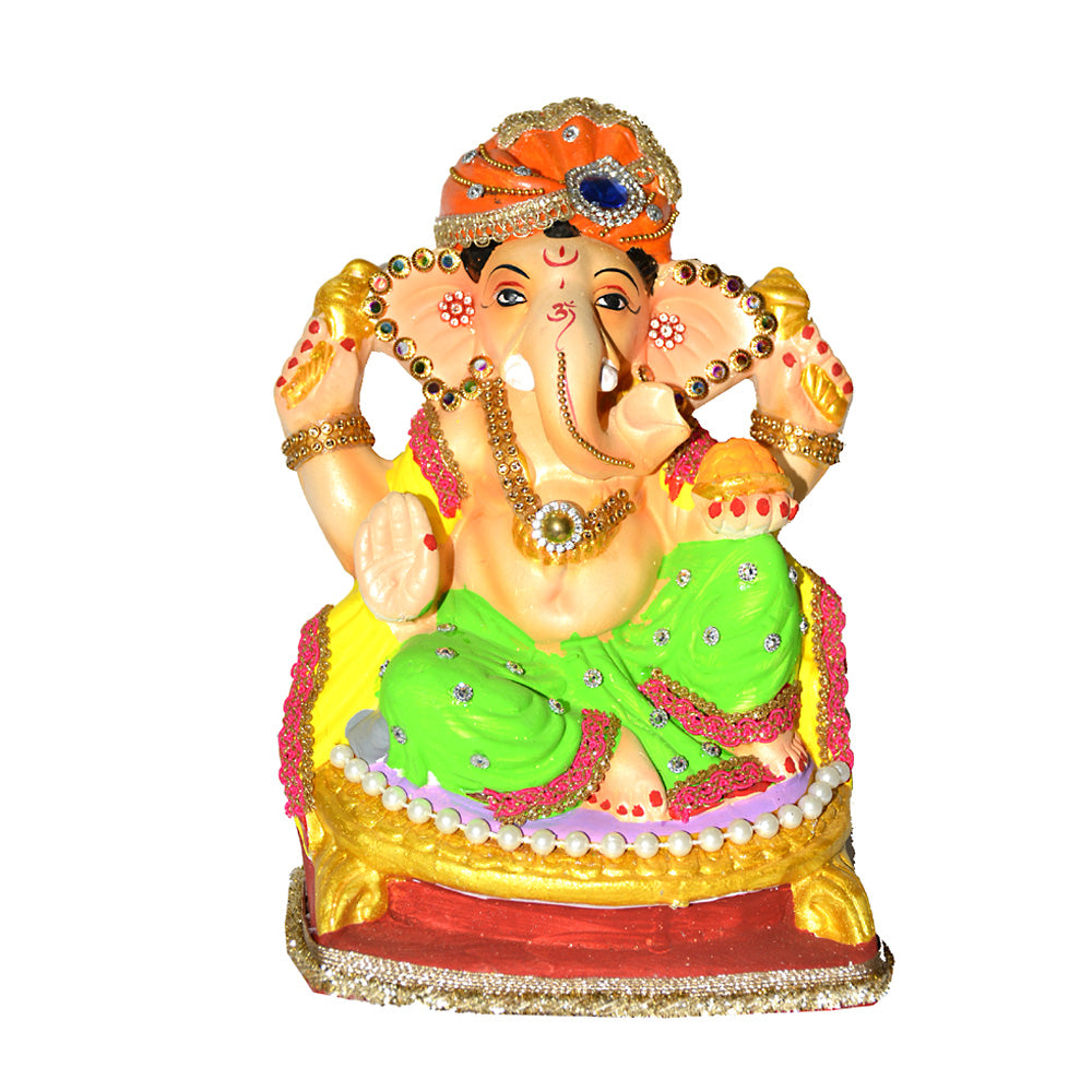 Eco Friendly Ganesha 8" — Premium Clay Ganpati Murti with Orange Pheta &amp; Pearl Trim | Handmade