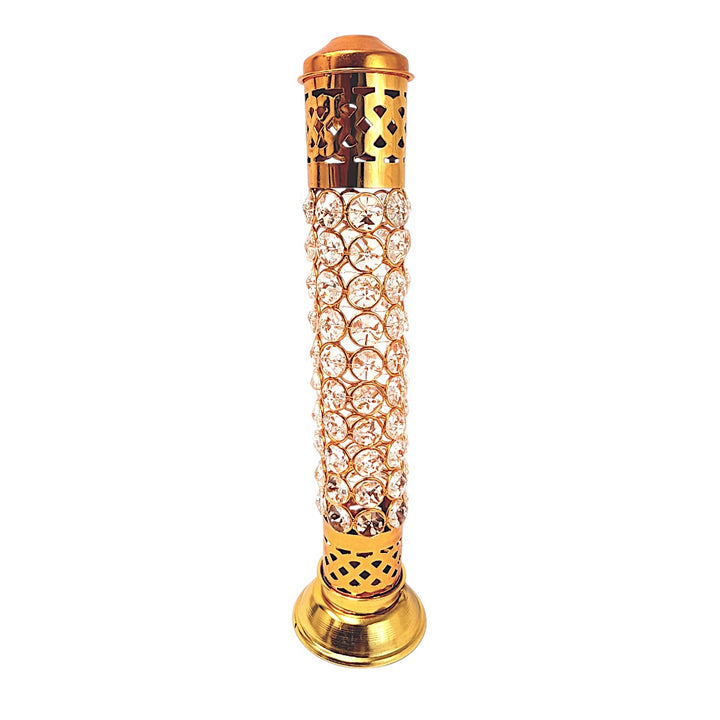 Crystal Tower Incense Holder — 13" Gold Agarbatti Stand with Built-In Ash Catcher