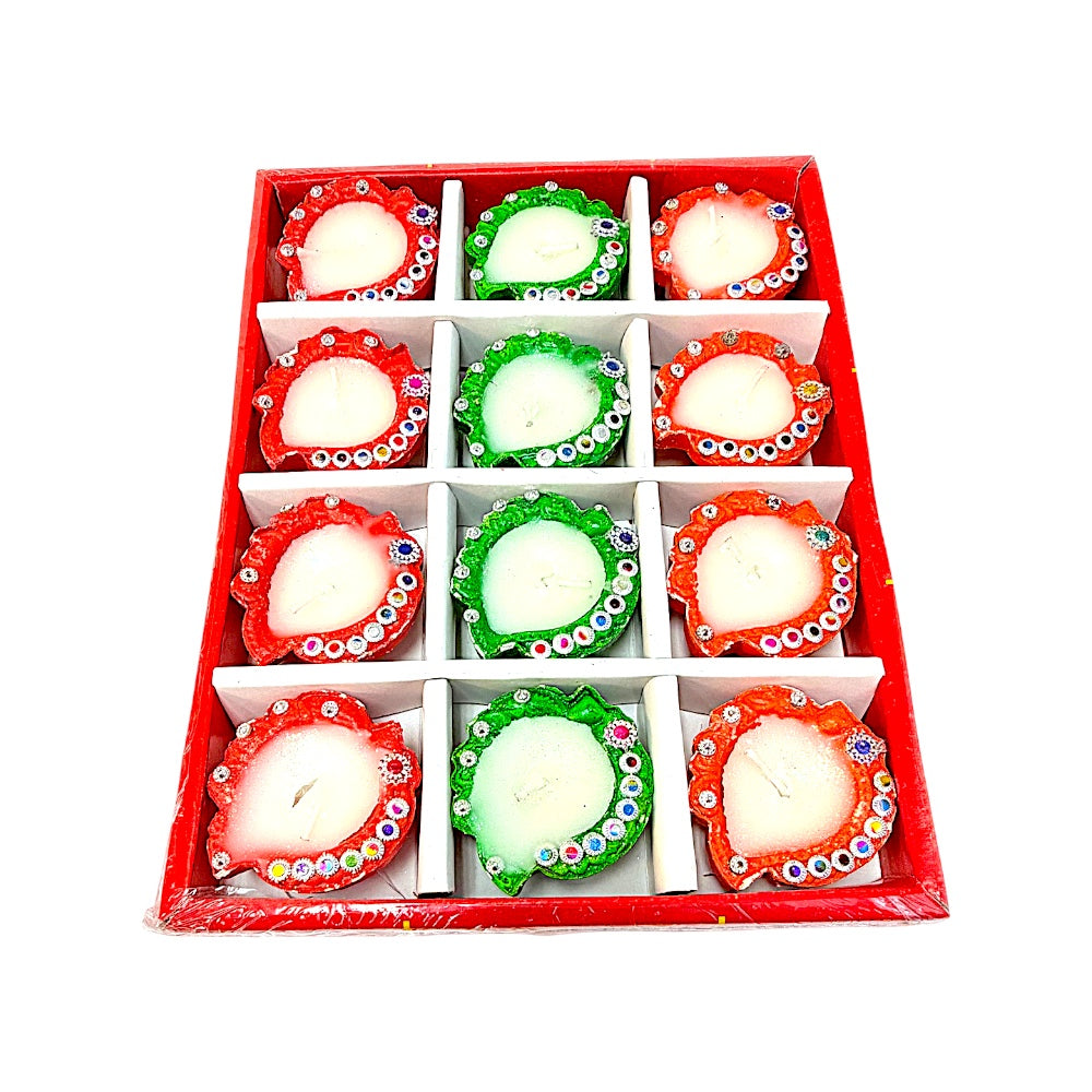 Hand-Painted with Rhinestone Trim, Wax-Filled Clay Diyas, set of 12, Assorted colors