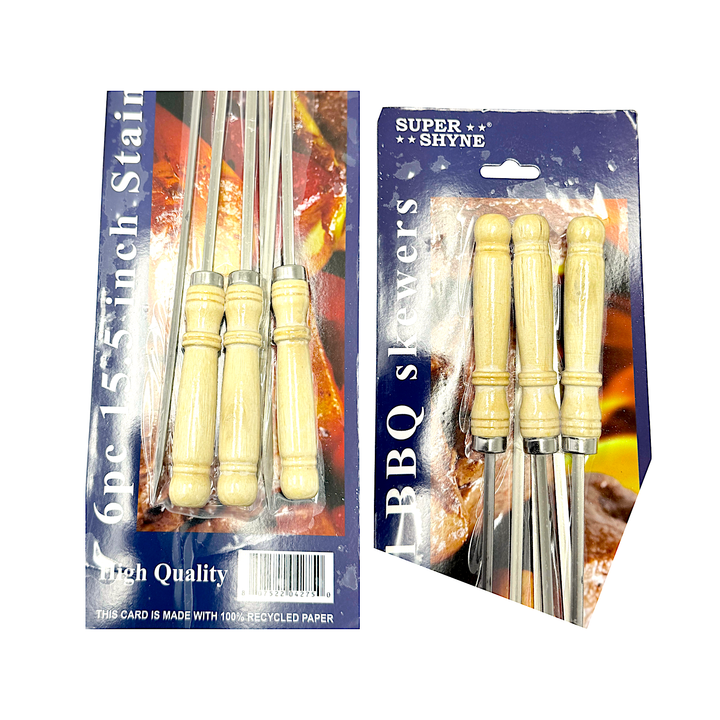 6 pc Stainless Steel BBQ Skewers, 15.5 Inch with Wooden Handle - view 2