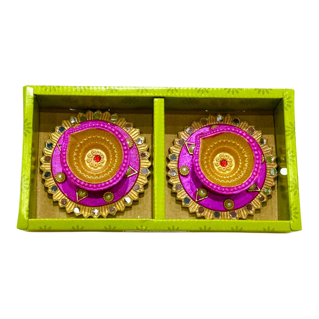 Saptarishi Decorative Diya (Pack of 2) – Handcrafted Terracotta Diyas with Mirror &amp; Pearl Work for Diwali &amp; Puja