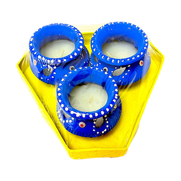 Set of 3 large Matki Diyas with  wax, assorted colors