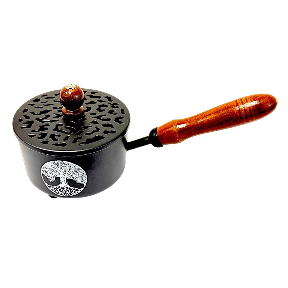 Tree of Life Iron Cauldron with Pierced Lid &amp; Wooden Handle | 4 Inch