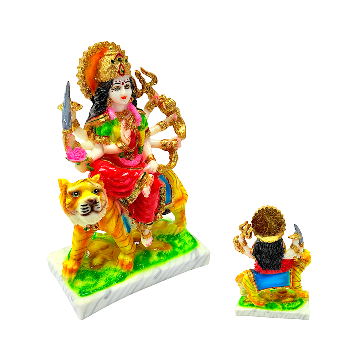 Goddess Durga on Tiger, Colorful Marble Dust, 9 Inch Idol - view 2
