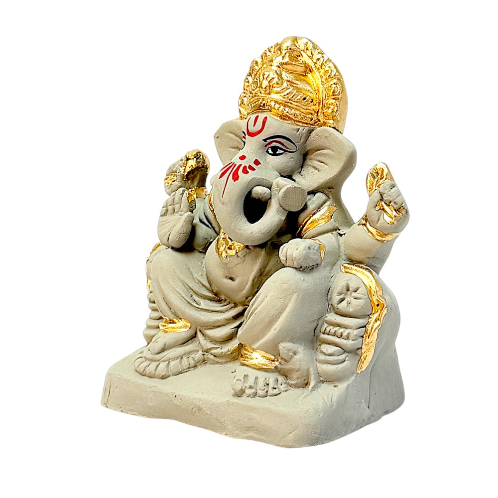 Eco Friendly Ganesha 4" — Natural Clay Ganpati Murti with Gold Accents | Shadu Mati Style