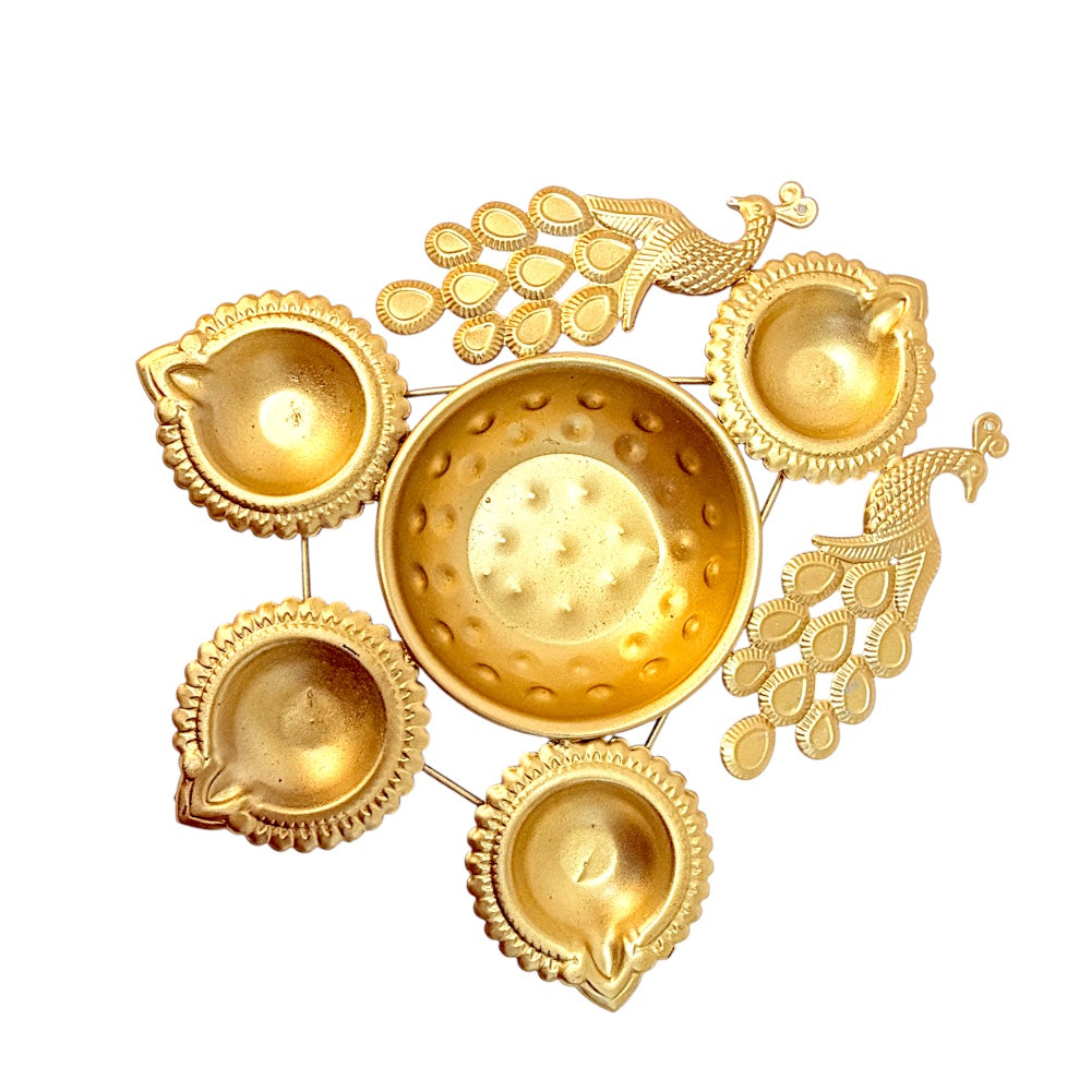 Peacock Urli Diya Set with 4 Diyas – Gold Tone Decorative Puja &amp; Diwali Centerpiece, 7.5 inches