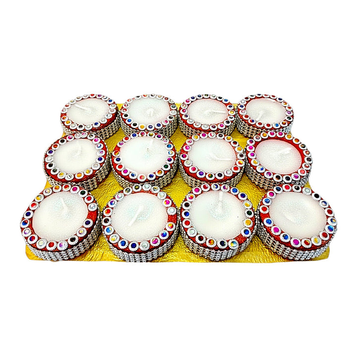 Rhinestone Clay Tealight Diyas with Wax, Set of 12 – Red with Silver Mesh Trim, Gold Base