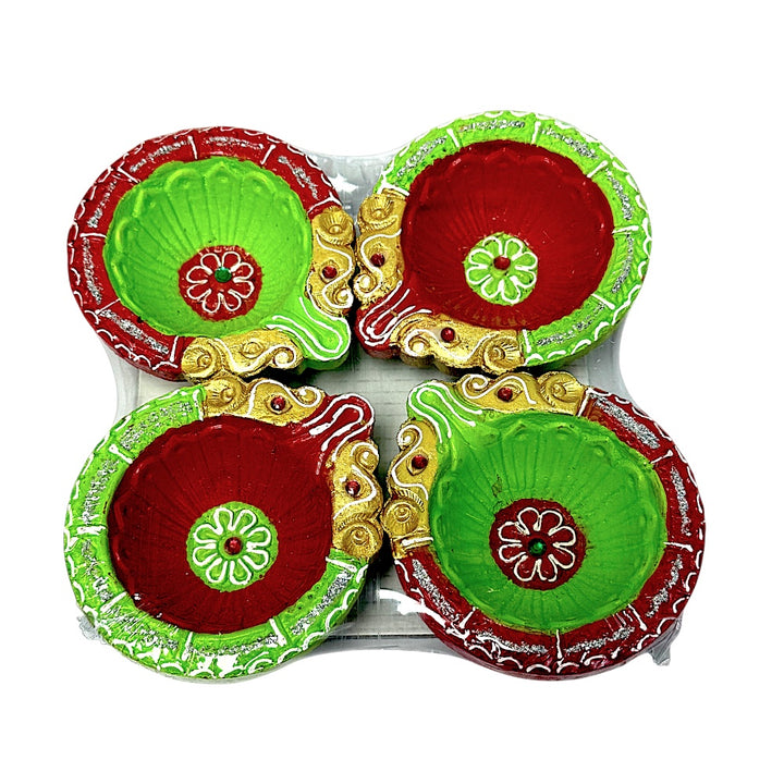 Colorful set of 4 Diyas, double Haathi