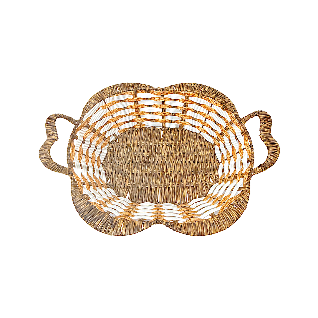Mkaurs Rectangular Flower Woven Offwhite and Brown Wicker Basket with Handles